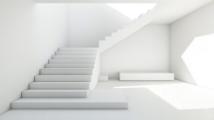 A modern, all-white staircase ascending to a white platform, emphasizing the clean lines and simplicity of the space.