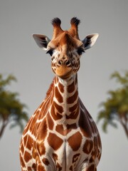 Obraz premium A majestic giraffe, with long neck adorned with intricate spots, gazes gently into the distance. Its tufted horns frame its expressive eyes against a neutral grey background. AI generated.