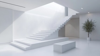 Obraz premium A modern, all-white staircase ascending to a white platform, emphasizing the clean lines and simplicity of the space.