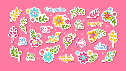 Flowers and motivational phrases, hand drawn Y2K stickers. For journal or diary, surfaces etc