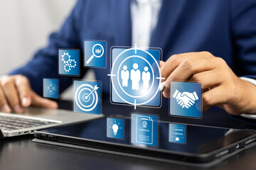 Human resource management technology (HR), Human resource manager touching human resource network structure and checks the CV online to choose the perfect employee for company, Effective recruitment.