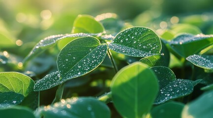 This vibrant closeup image beautifully captures dew glistening on lush soybean leaves, effectively showcasing the stunning beauty of nature illuminated by the gentle morning light