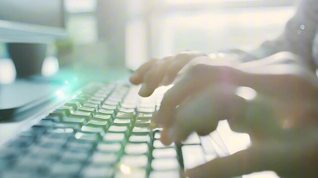 An elderly person types on a black keyboard in a bright office setting, showcasing focus and productivity with hands in motion and a soft background blur