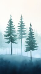Serene forest landscape featuring tall pine trees surrounded by mist, creating a tranquil and calming atmosphere.
