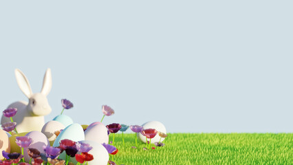 easter bunny with easter eggs 3D rendering