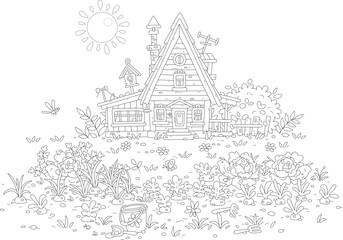 Small vegetable garden and village wooden house in countryside on a sunny summer day, black and white outline vector cartoon illustration for a coloring book