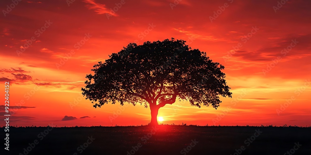 Wall mural silhouette of a tree against a vibrant sunset illustration