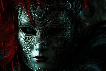 A mysterious and alluring masquerade mask with red feathers and black feathers.