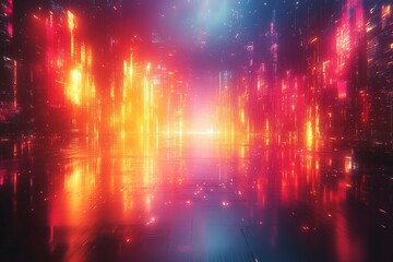 Obraz premium Colorful digital landscape with glowing lights and reflections in a dark environment