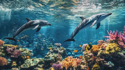 Obraz premium A pair of dolphins gracefully swimming near a coral reef, with fish and sea plants creating a picturesque underwater scene.