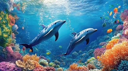 Fototapeta premium A pair of dolphins gracefully swimming near a coral reef, with a backdrop of vibrant fish and sea plants creating an enchanting scene.