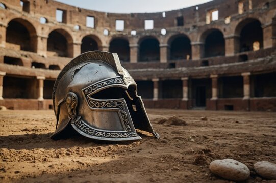Chrome gladiator helmet on the dirt floor in the middle of the coliseum arena, history and fantasy concept.