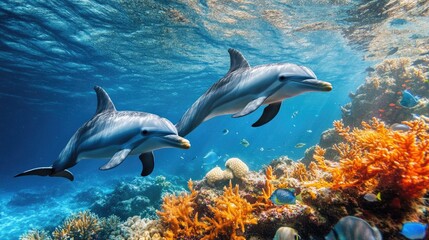 Naklejka premium A pair of dolphins gracefully swimming near a coral reef, with fish and sea plants creating a picturesque underwater scene.