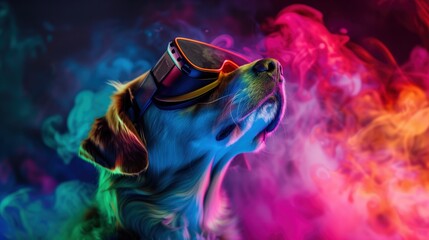 Obraz premium A dog wearing a virtual reality headset, illuminated by vibrant neon lights, creating a futuristic and high-tech atmosphere.