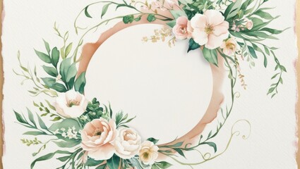 Fototapeta premium Watercolor Floral Wreath: Delicate and romantic, this watercolor wreath features soft pink and white flowers, lush greenery, and a delicate gold circle, perfect for adding a touch of elegance.