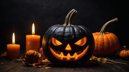 Fototapeta premium Scary halloween pumpkin, dark background.