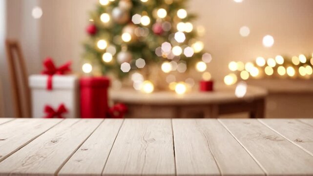 white The empty wooden table top with blur background of Christmas, sparkling pine tree