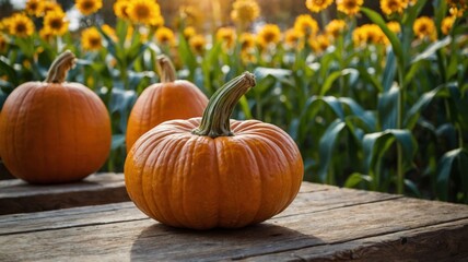 Pumpkin on wooden table, plantation in background, agriculture and harvest concept.