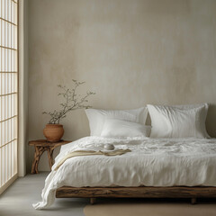 a portrait photo, focusing on bedroom and traditional spaces in Japandi-style homes, capturing the essence of traditional architecture. Japanese and Scandinavian