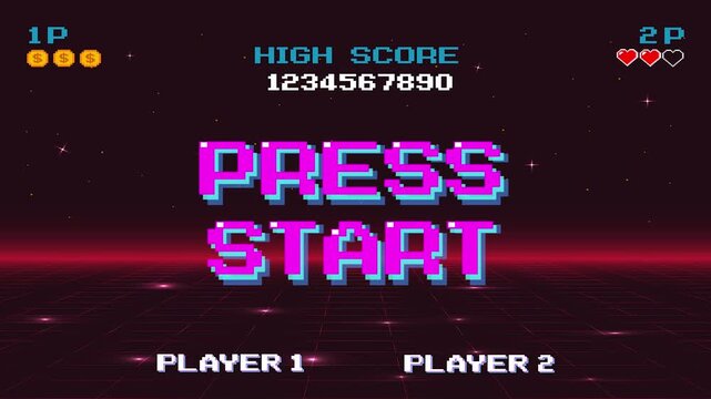 PRESS START. pixel art .8 bit game. retro game. for game assets .Retro Futurism Sci-Fi Background. glowing neon grid. and stars from vintage arcade computer games