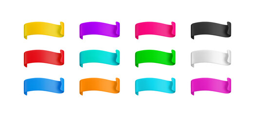 Vector Realistic 3d colorful ribbons set. Vintage design element, decorative wavy sticker. Cartoon 3d colorful ribbons tag collection for sale banner, price tag, black friday advert, game, app, label.