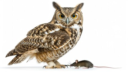 Naklejka premium Owl with Prey on White Background, a striking side view of an owl holding a mouse, crisp details and bright lighting create a compelling visual for promotional use.