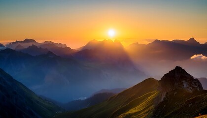 Golden hour paints misty mountain peaks with vibrant hues, casting long shadows across a serene landscape
