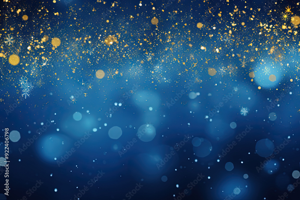 Poster Blue background with silver and gold snowflake particles and blurred bokeh sparkles