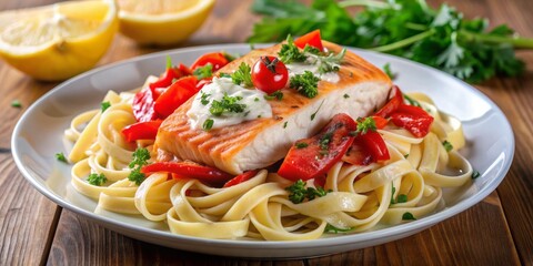 Freshly cooked salmon fillet sits atop a bed of creamy goat cheese-infused pasta, surrounded by roasted red peppers and garnished with fresh parsley and lemon.