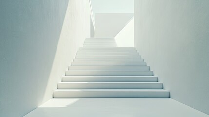 A pristine white staircase ascends to a white platform, offering a sleek and modern visual of contemporary design.