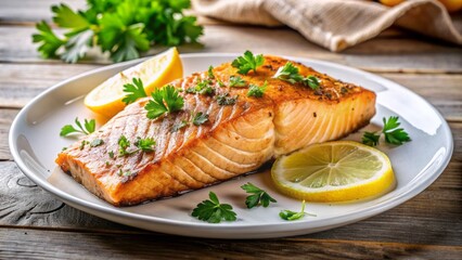 Gourmet air-fried salmon fillet with crispy, golden-brown skin, served on a modern white plate, garnished with fresh parsley and a side of lemon wedges.