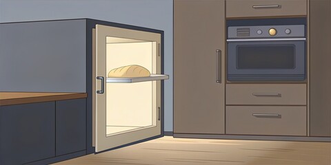 Freshly baked bread cooling in an open oven in a modern kitchen.