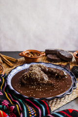 Mexican mole poblano spicy sauce with chicken mexican traditional food in Mexico Latin America	