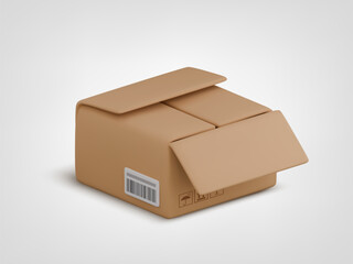 Vector cartoon 3d unpacked carton box icon. Cute realistic opened package with shadow on grey background. 3d render cardboard box with cargo packaging symbols for infographic, delivery app, template.