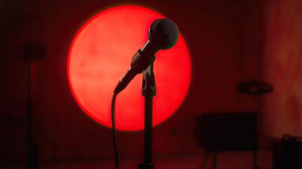 A professional microphone setup on a stand, with a large red circle behind it, highlighting the stage presence.