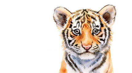 Fototapeta premium Adorable Watercolor Tiger Cub Illustration, charming design with oversized eyes and gentle stripes, ideal for children's room decor, featuring ample space for personalized text.