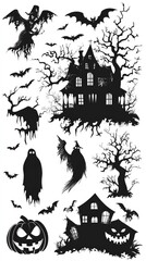 Fototapeta premium Halloween stickers collection. Black cartoon silhouettes and symbols of scary spooky decorations. Set. Dark castle, evil tree, crosses and bats isolated on white background. High quality photo
