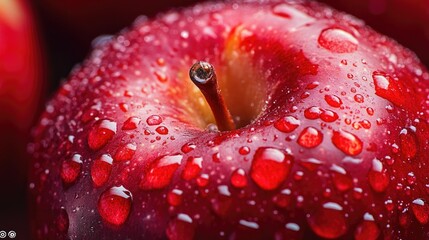 A red apple glistening with raindrops in a close-up view, showcasing its natural texture and rich color.