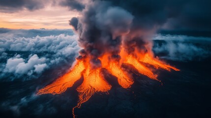 A dramatic scene of a volcanic eruption with glowing lava streams flowing down the mountain slopes, surrounded by dark clouds and billowing smoke in the twilight.