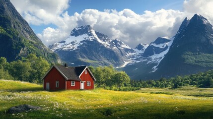 A red house is nestled in a grassy field, with majestic mountains in the background, creating a picturesque scene.