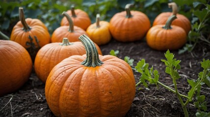 Pumpkin plantation, thanksgiving day, harvest and agriculture concept.