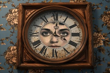 Fototapeta premium A unique wall clock features a woman's face as part of its design, set against an intricately patterned floral wallpaper