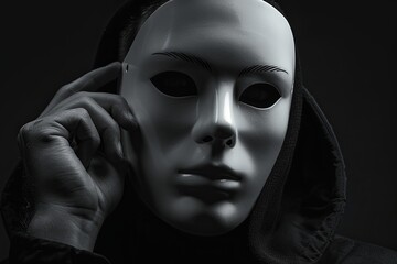 Fototapeta premium A person wearing a white mask, with a black hooded jacket, holds their hand to their face and looks into the camera.
