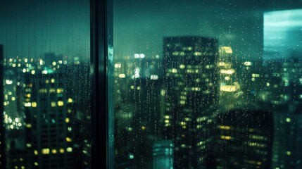 A city lights are seen through a window in the rain, AI