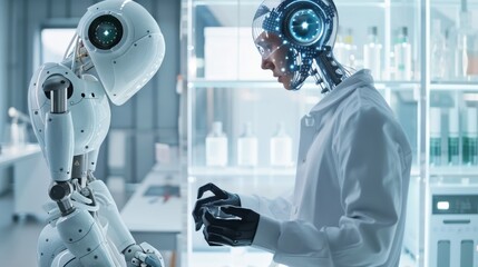 Robots and humans working together on a project in a modern white technology lab.