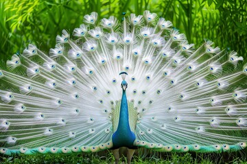 Obraz premium A white peacock with its tail feathers spread out in a fan shape in a green grassy area.