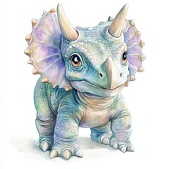 Fototapeta premium Adorable Baby Triceratops in Soft Watercolor Pastels, Isolated on White Background