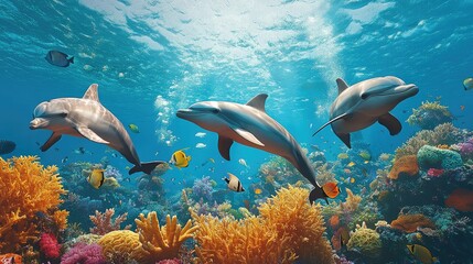 Fototapeta premium Dolphins enjoying the underwater beauty of a coral reef, with a variety of fish and sea plants creating a colorful backdrop.
