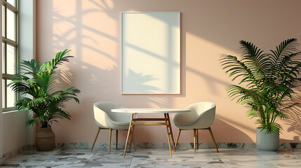 A minimalist living room with a blank canvas, two chairs, a table, and plants.