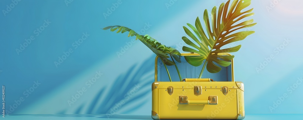 Wall mural A Yellow Suitcase with Tropical Leaves Against a Blue Background